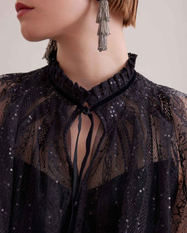 Anne Fontaine vrouwen Gothic fluwelen tanktop met daaraan een doorschijnende kanten cape kleding zwart 06TRT285