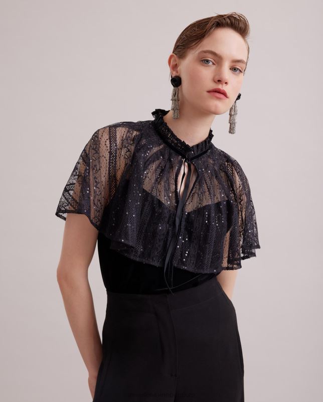 Anne Fontaine vrouwen Gothic fluwelen tanktop met daaraan een doorschijnende kanten cape kleding zwart 06TRT285