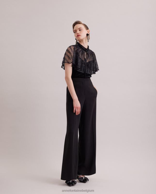 Anne Fontaine vrouwen Gothic fluwelen tanktop met daaraan een doorschijnende kanten cape kleding zwart 06TRT285