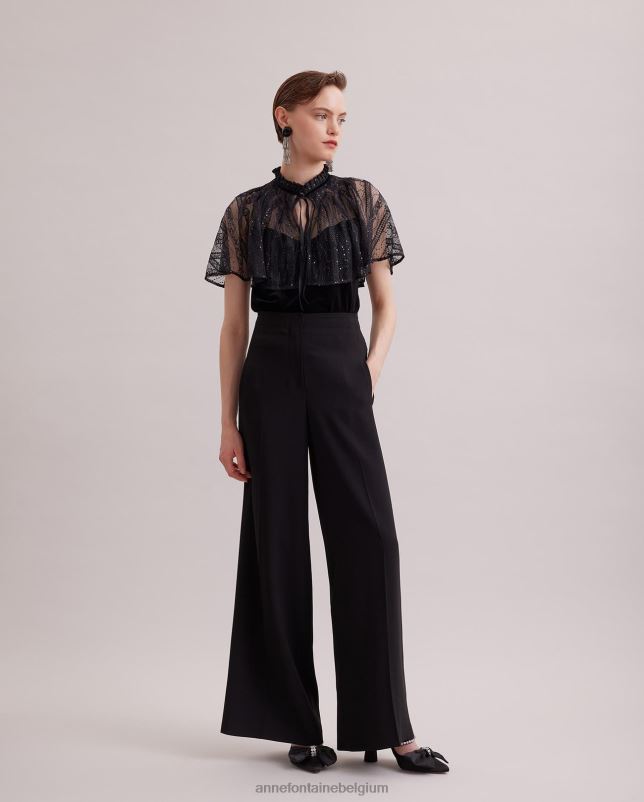 Anne Fontaine vrouwen Gothic fluwelen tanktop met daaraan een doorschijnende kanten cape kleding zwart 06TRT285