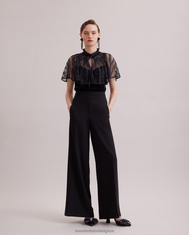 Anne Fontaine vrouwen Gothic fluwelen tanktop met daaraan een doorschijnende kanten cape kleding zwart 06TRT285