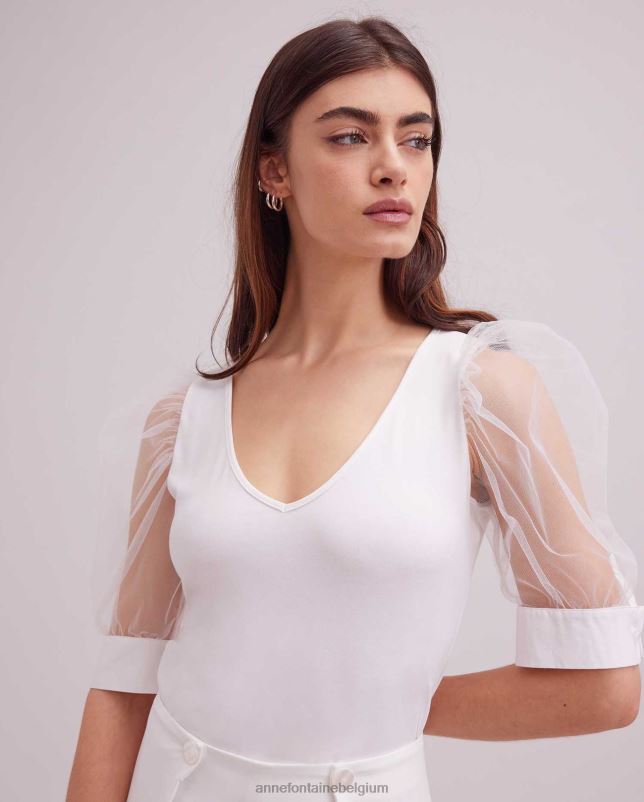 Anne Fontaine vrouwen Luchtfoto top met v-hals en doorschijnende mesh-mouwen kleding wit 06TRT248