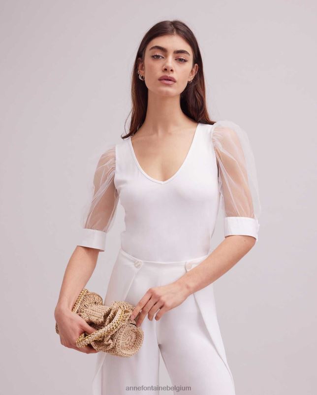 Anne Fontaine vrouwen Luchtfoto top met v-hals en doorschijnende mesh-mouwen kleding wit 06TRT248