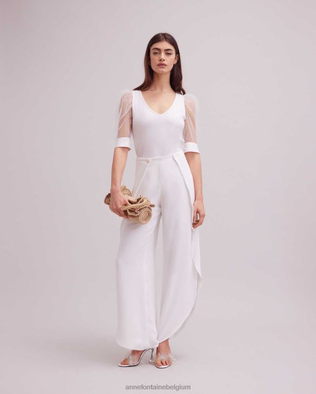 Anne Fontaine vrouwen Luchtfoto top met v-hals en doorschijnende mesh-mouwen kleding wit 06TRT248