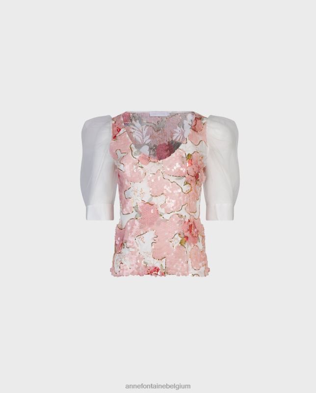 Anne Fontaine vrouwen Top van rosea en top met roze pailletten en korte pofmouwen van mesh kleding roze/wit 06TRT259