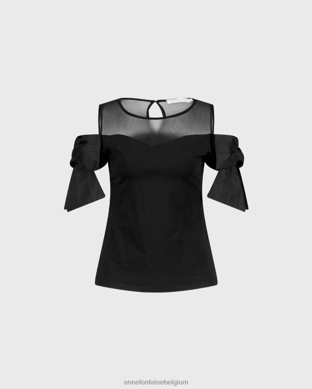Anne Fontaine vrouwen Virtyl top, jersey top met hartvormige halslijn en doorschijnend schouderstuk kleding zwart 06TRT251