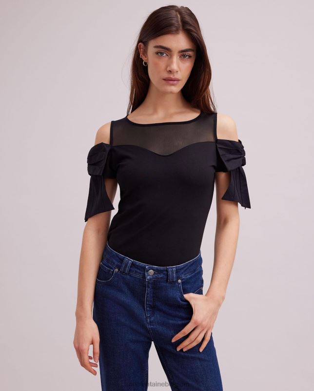 Anne Fontaine vrouwen Virtyl top, jersey top met hartvormige halslijn en doorschijnend schouderstuk kleding zwart 06TRT251