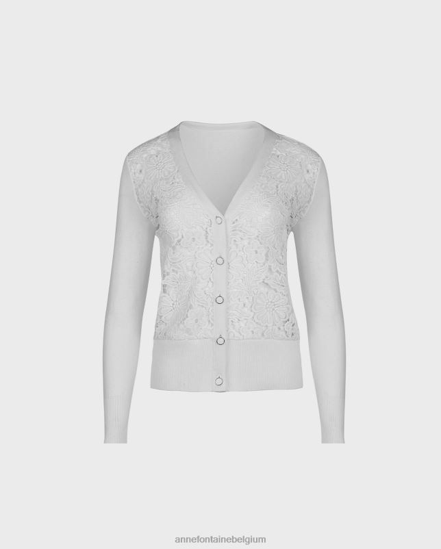 Anne Fontaine vrouwen azalee vest, vest met lange mouwen, gebloemd kant en geribde gebreide boorden kleding wit 06TRT268