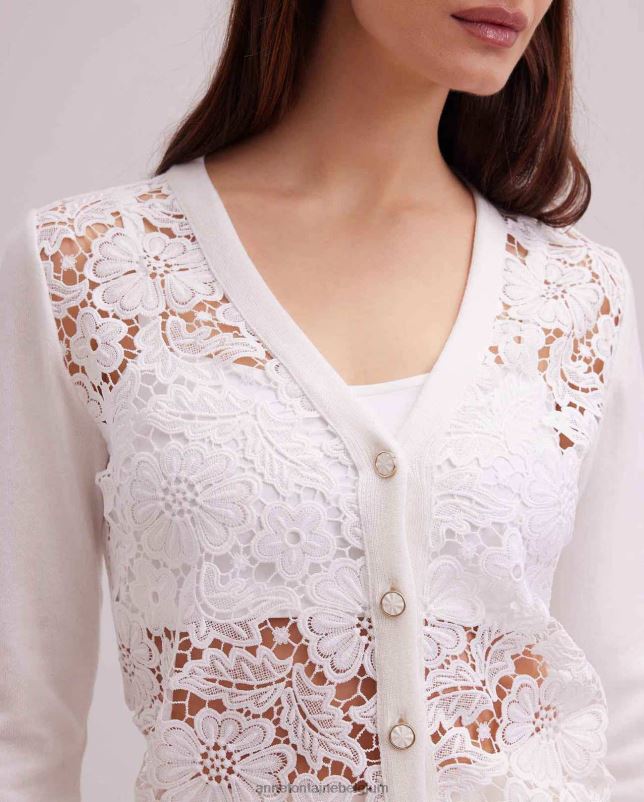 Anne Fontaine vrouwen azalee vest, vest met lange mouwen, gebloemd kant en geribde gebreide boorden kleding wit 06TRT268