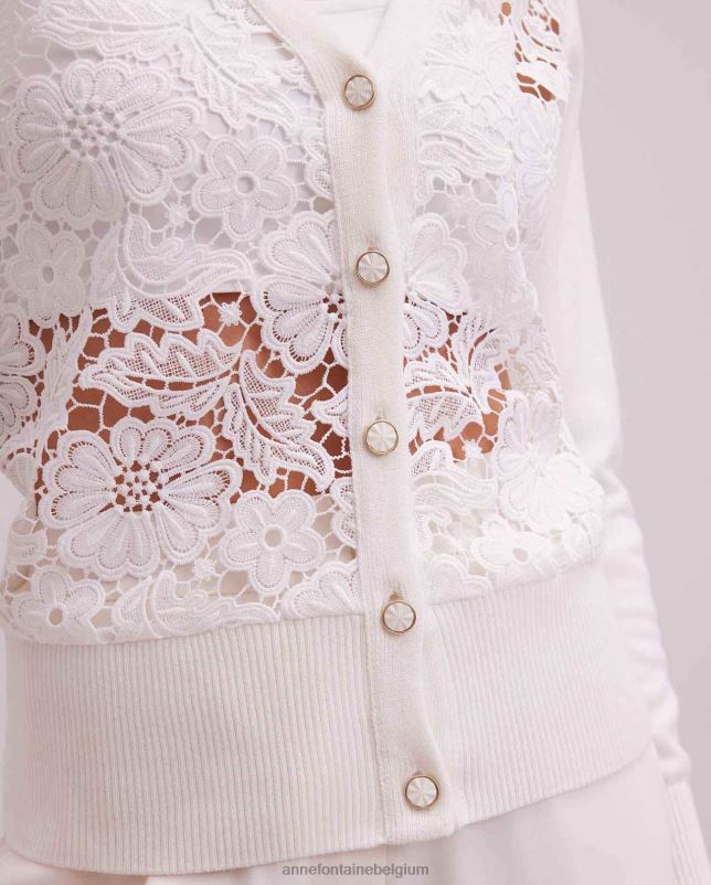 Anne Fontaine vrouwen azalee vest, vest met lange mouwen, gebloemd kant en geribde gebreide boorden kleding wit 06TRT268