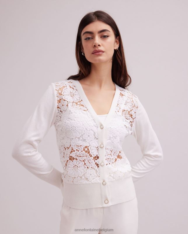 Anne Fontaine vrouwen azalee vest, vest met lange mouwen, gebloemd kant en geribde gebreide boorden kleding wit 06TRT268