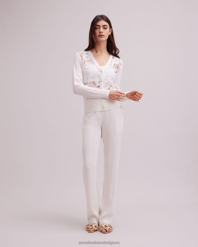 Anne Fontaine vrouwen azalee vest, vest met lange mouwen, gebloemd kant en geribde gebreide boorden kleding wit 06TRT268