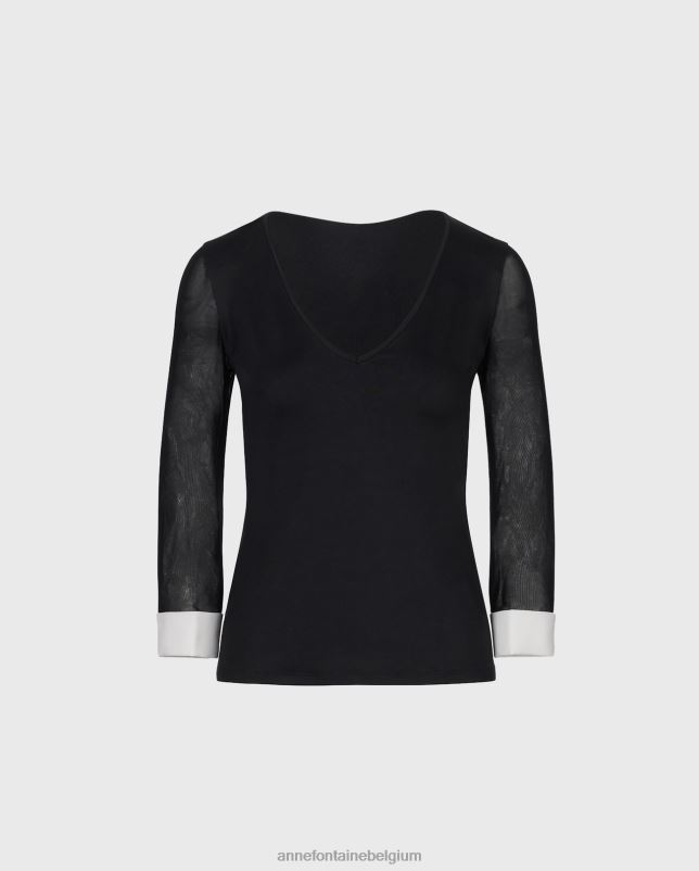 Anne Fontaine vrouwen capucijntopje met tactel-v-hals en doorschijnende mesh-mouwen kleding zwart wit 06TRT270