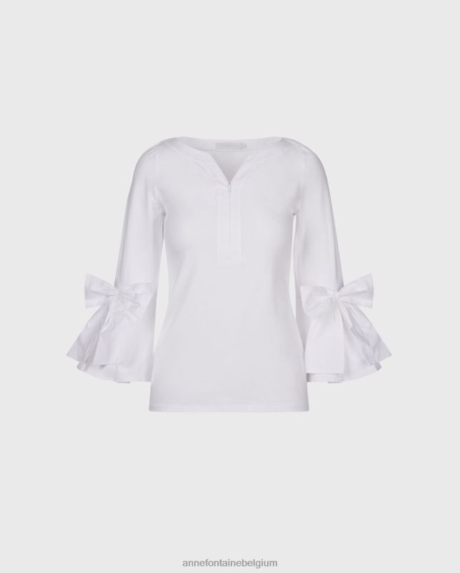 Anne Fontaine vrouwen clissa top 3/4 mouwen aansluitende pima top met geplaatste strikjes kleding wit 06TRT276