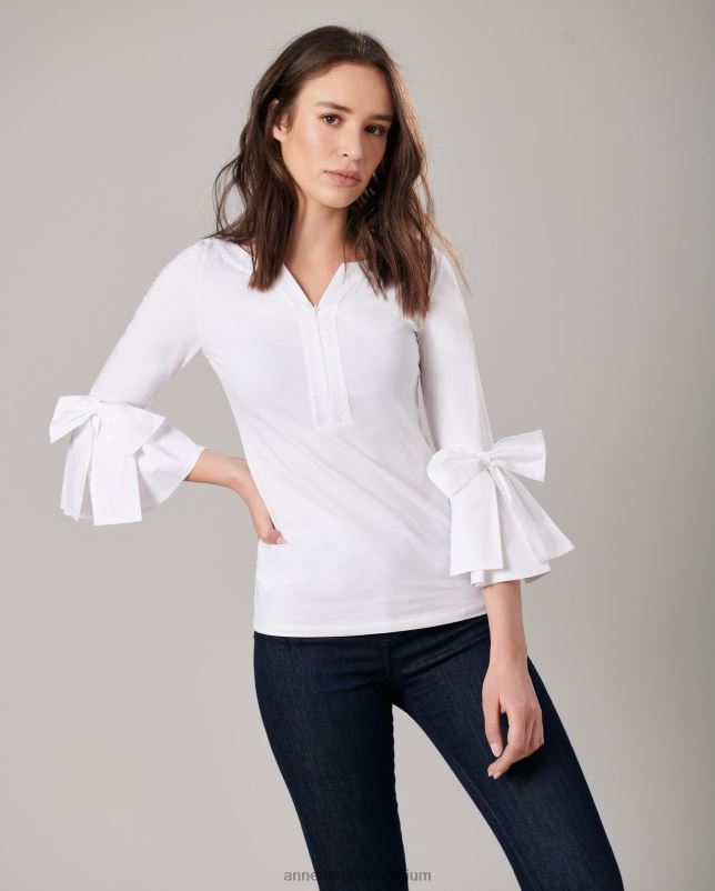 Anne Fontaine vrouwen clissa top 3/4 mouwen aansluitende pima top met geplaatste strikjes kleding wit 06TRT276