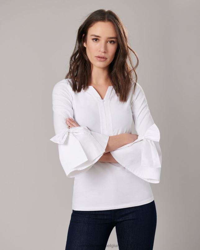 Anne Fontaine vrouwen clissa top 3/4 mouwen aansluitende pima top met geplaatste strikjes kleding wit 06TRT276