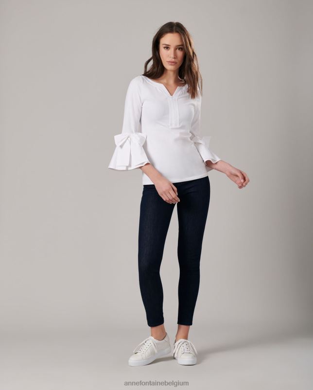 Anne Fontaine vrouwen clissa top 3/4 mouwen aansluitende pima top met geplaatste strikjes kleding wit 06TRT276