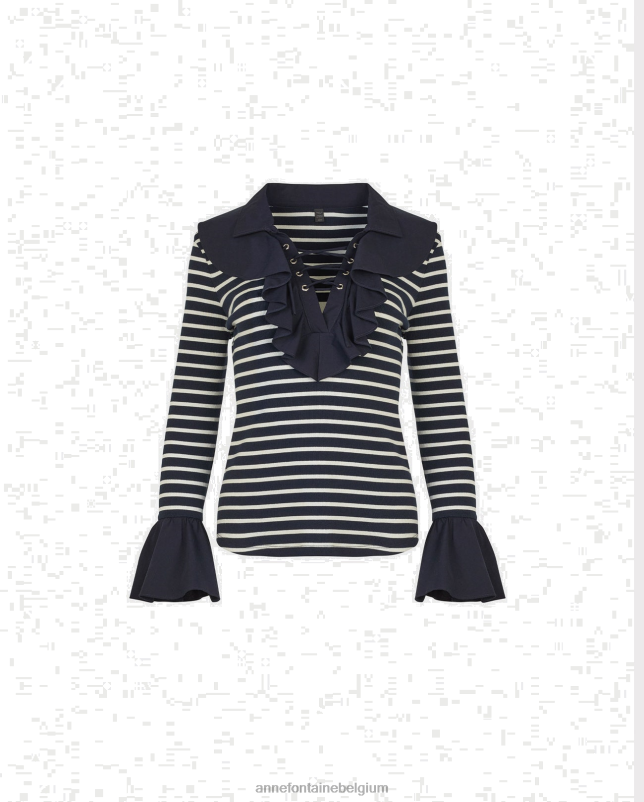 Anne Fontaine vrouwen coquillage top en gestreept breisel met ruches aan de kraag en manchetten kleding marine/wit 06TRT266