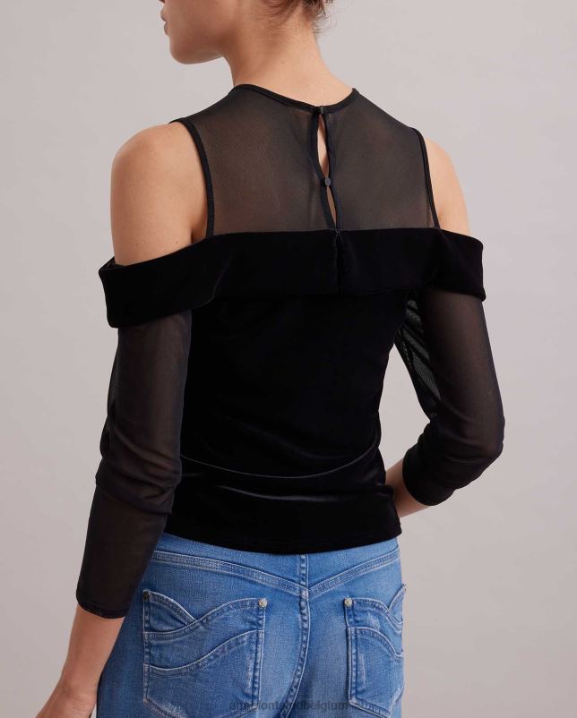 Anne Fontaine vrouwen donkere top van fluweel met lange mouwen en doorschijnende top met koude schouders kleding zwart 06TRT274