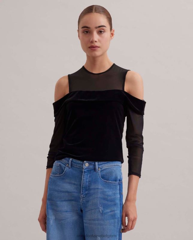 Anne Fontaine vrouwen donkere top van fluweel met lange mouwen en doorschijnende top met koude schouders kleding zwart 06TRT274