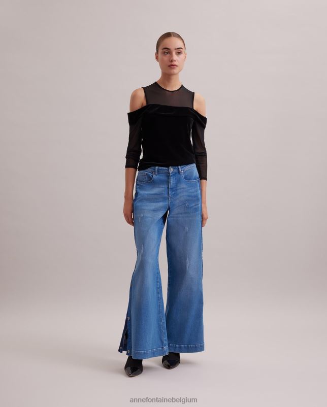 Anne Fontaine vrouwen donkere top van fluweel met lange mouwen en doorschijnende top met koude schouders kleding zwart 06TRT274