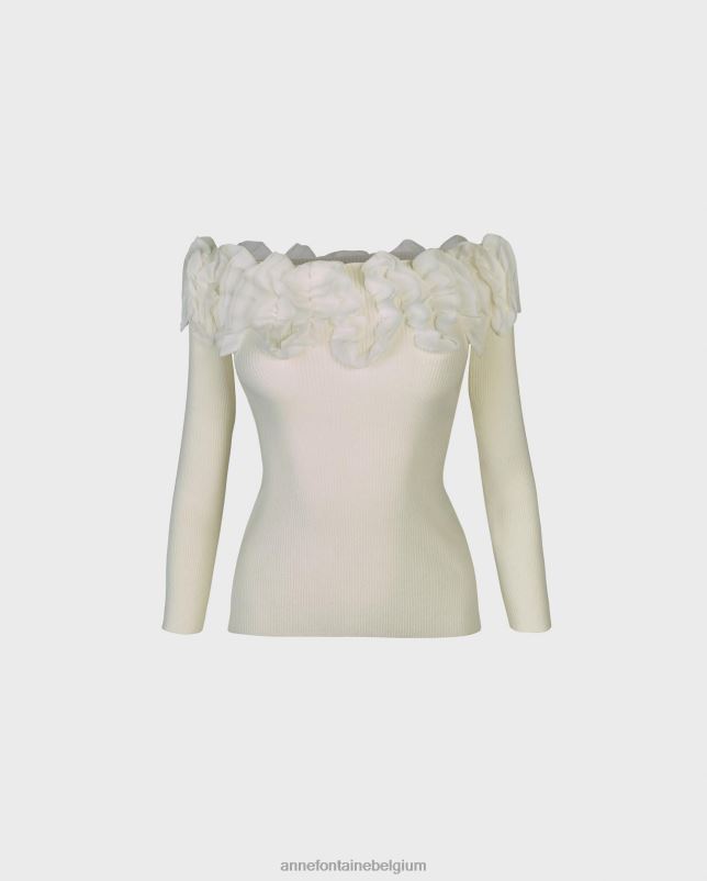 Anne Fontaine vrouwen feda top trui met 3/4 mouwen en ruches kleding wit 06TRT279