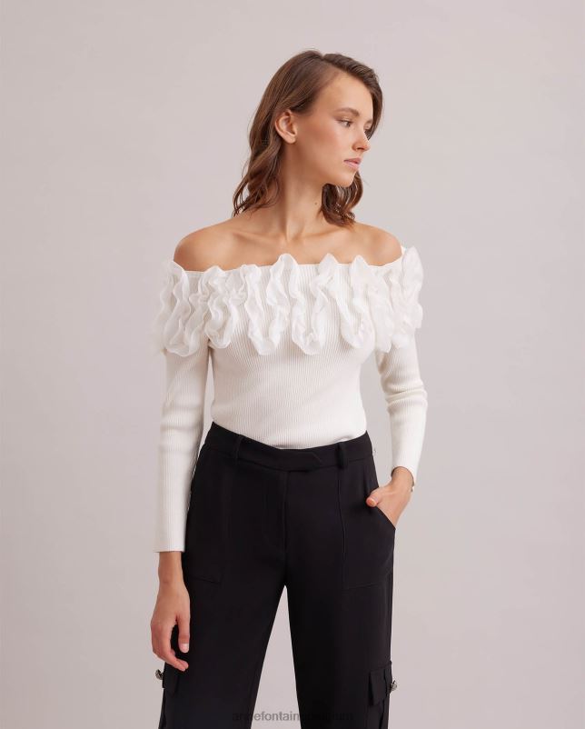 Anne Fontaine vrouwen feda top trui met 3/4 mouwen en ruches kleding wit 06TRT279