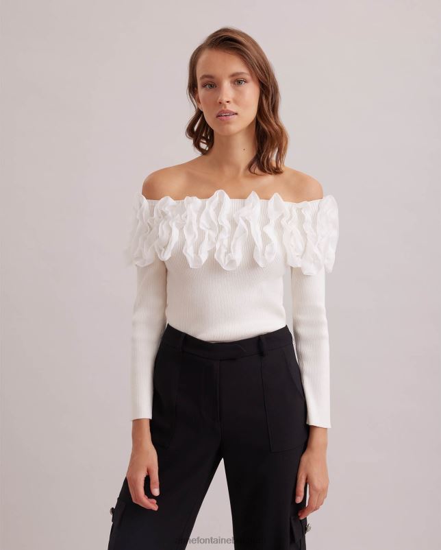 Anne Fontaine vrouwen feda top trui met 3/4 mouwen en ruches kleding wit 06TRT279