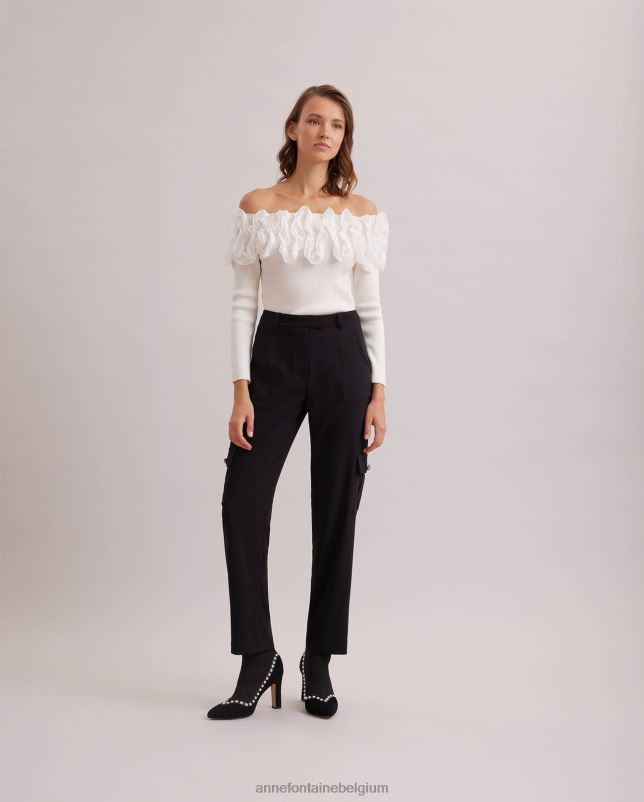 Anne Fontaine vrouwen feda top trui met 3/4 mouwen en ruches kleding wit 06TRT279