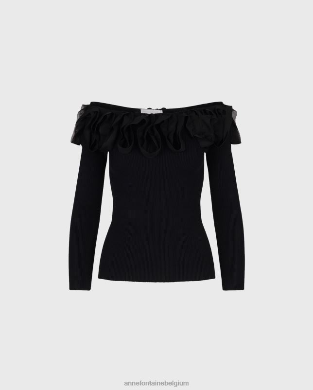 Anne Fontaine vrouwen feda top trui met 3/4 mouwen en ruches kleding zwart 06TRT281