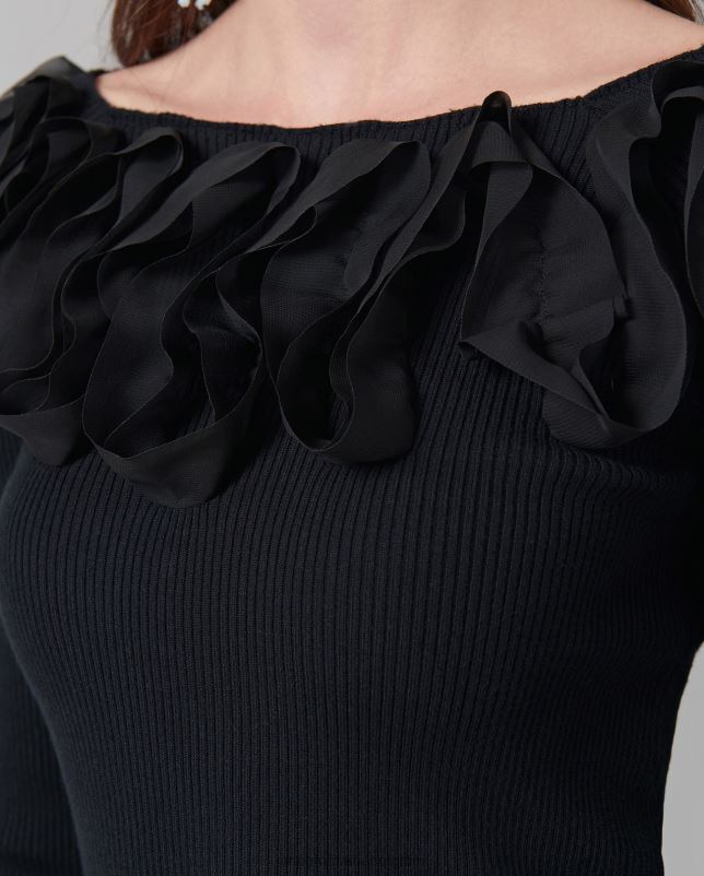 Anne Fontaine vrouwen feda top trui met 3/4 mouwen en ruches kleding zwart 06TRT281