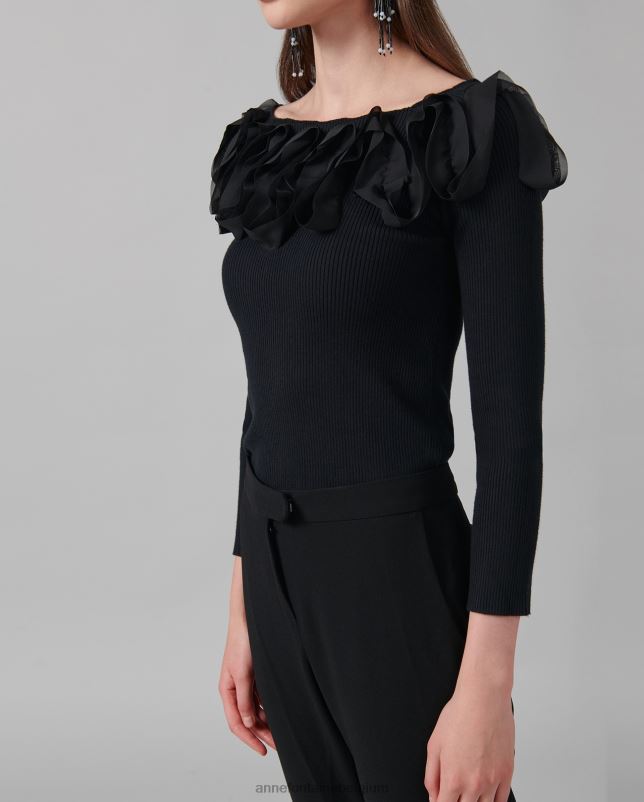 Anne Fontaine vrouwen feda top trui met 3/4 mouwen en ruches kleding zwart 06TRT281
