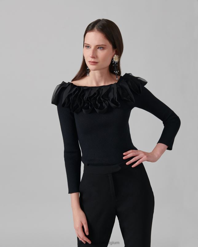 Anne Fontaine vrouwen feda top trui met 3/4 mouwen en ruches kleding zwart 06TRT281