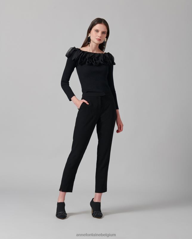 Anne Fontaine vrouwen feda top trui met 3/4 mouwen en ruches kleding zwart 06TRT281
