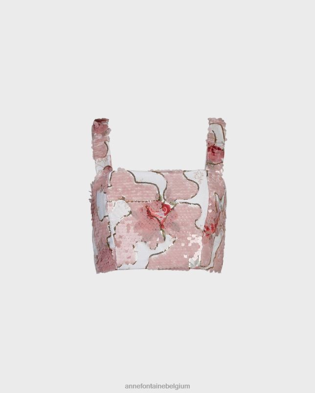 Anne Fontaine vrouwen mooie crop-top en geborduurde crop-top met rozenpatroon met pailletten kleding roze/wit 06TRT260