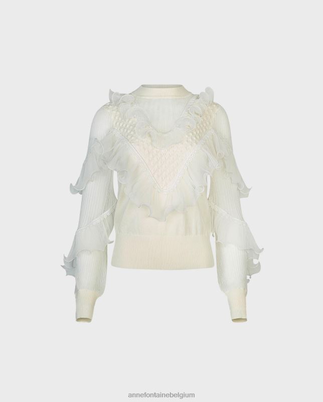 Anne Fontaine vrouwen oeuvre top, gebreid met lange mouwen, transparante details en uitlopende ruches kleding wit 06TRT288