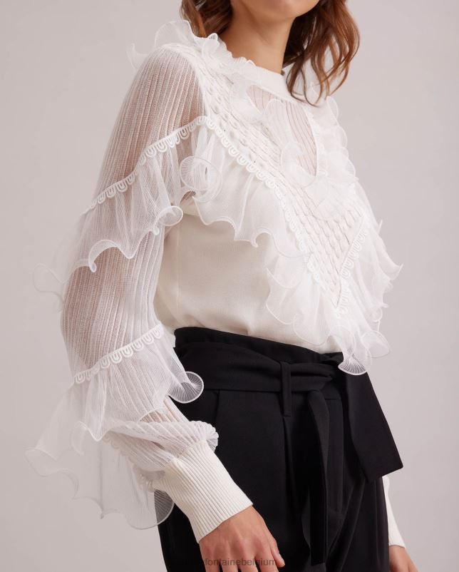 Anne Fontaine vrouwen oeuvre top, gebreid met lange mouwen, transparante details en uitlopende ruches kleding wit 06TRT288