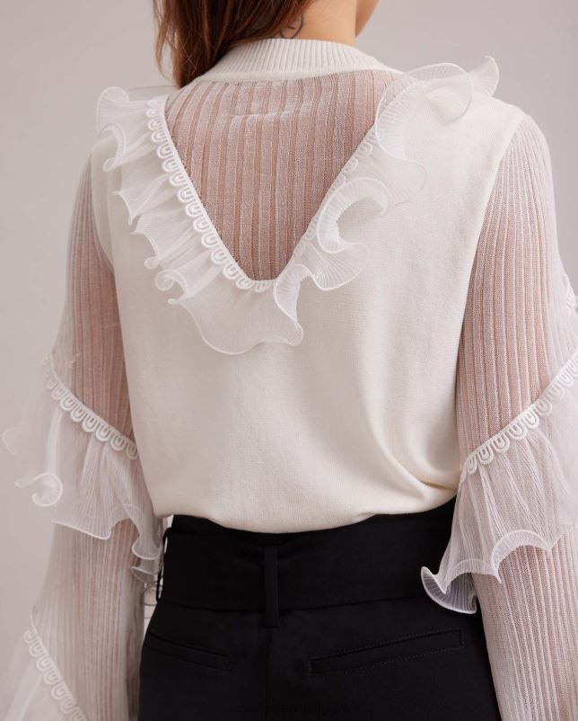 Anne Fontaine vrouwen oeuvre top, gebreid met lange mouwen, transparante details en uitlopende ruches kleding wit 06TRT288