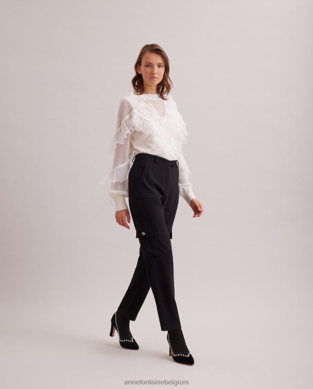 Anne Fontaine vrouwen oeuvre top, gebreid met lange mouwen, transparante details en uitlopende ruches kleding wit 06TRT288