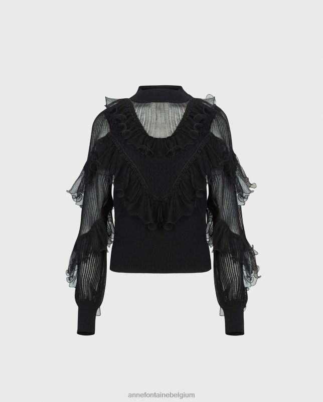 Anne Fontaine vrouwen oeuvre top, gebreid met lange mouwen, transparante details en uitlopende ruches kleding zwart 06TRT289