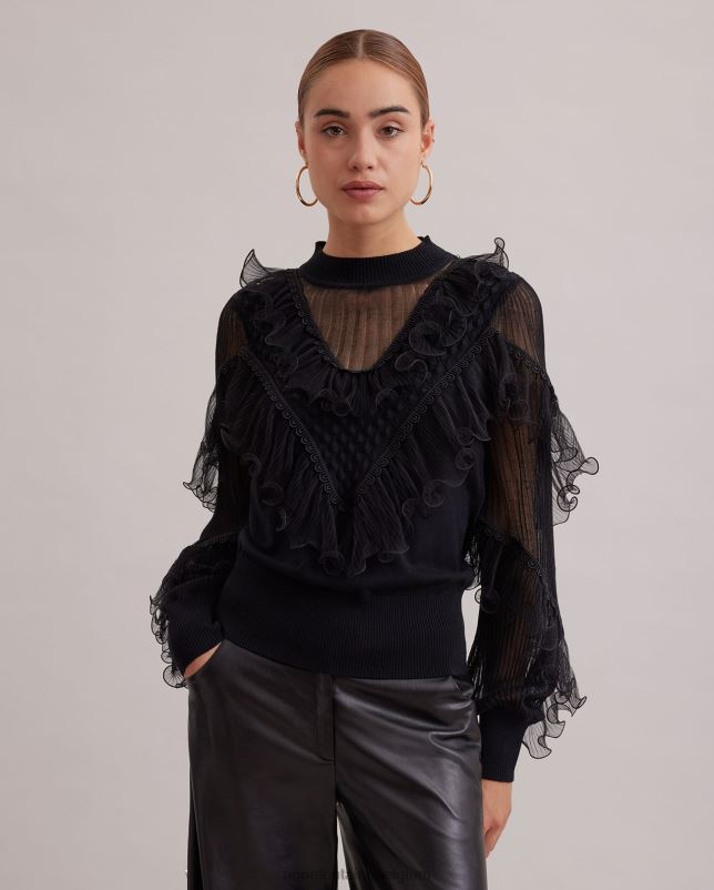 Anne Fontaine vrouwen oeuvre top, gebreid met lange mouwen, transparante details en uitlopende ruches kleding zwart 06TRT289