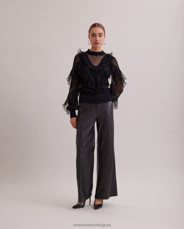 Anne Fontaine vrouwen oeuvre top, gebreid met lange mouwen, transparante details en uitlopende ruches kleding zwart 06TRT289