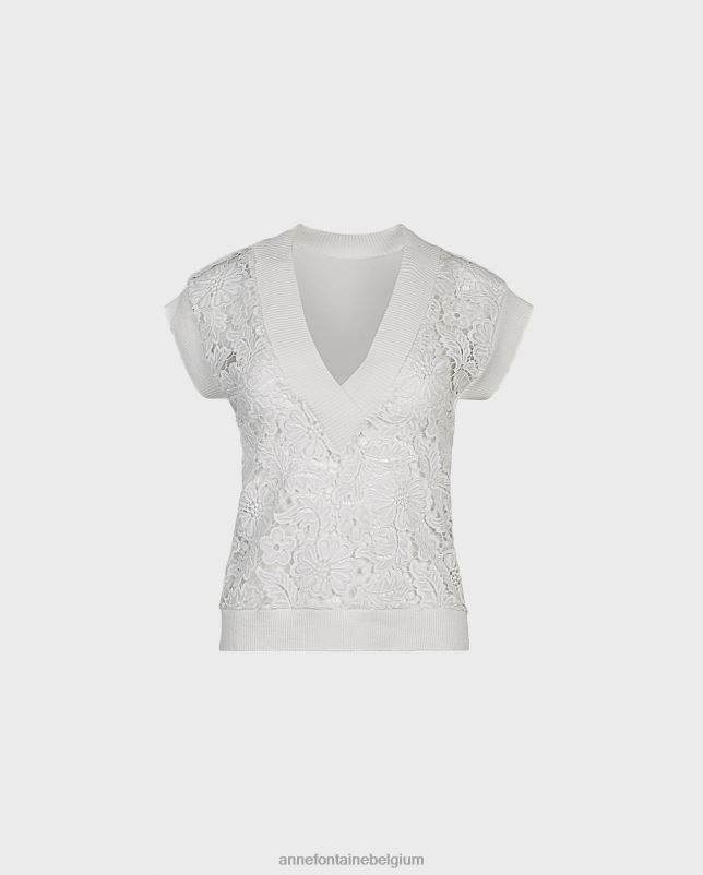 Anne Fontaine vrouwen ombelle vest mouwloos ongevoerd vest met gebloemd kant en geribde gebreide boorden kleding wit 06TRT295