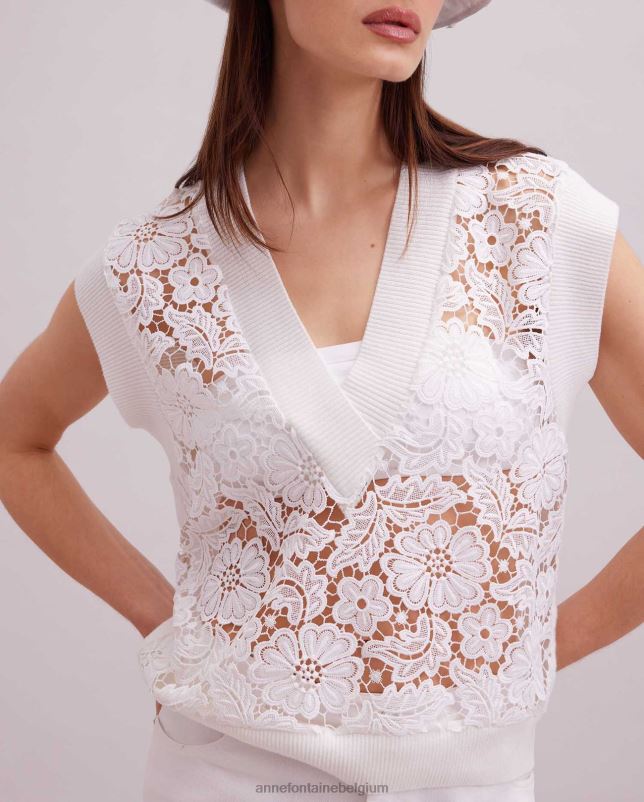 Anne Fontaine vrouwen ombelle vest mouwloos ongevoerd vest met gebloemd kant en geribde gebreide boorden kleding wit 06TRT295