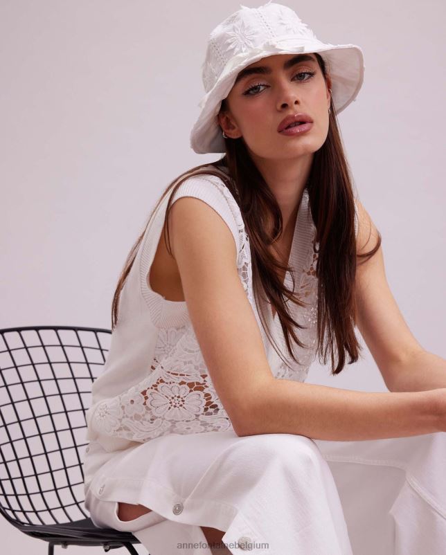 Anne Fontaine vrouwen ombelle vest mouwloos ongevoerd vest met gebloemd kant en geribde gebreide boorden kleding wit 06TRT295