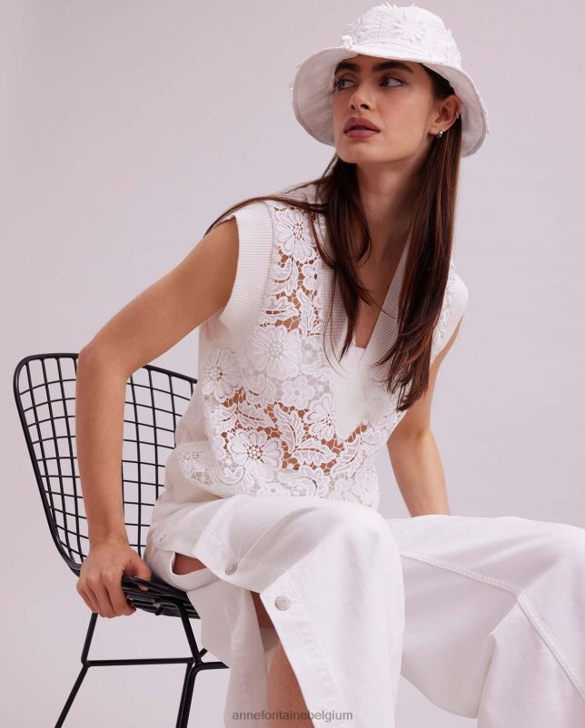 Anne Fontaine vrouwen ombelle vest mouwloos ongevoerd vest met gebloemd kant en geribde gebreide boorden kleding wit 06TRT295