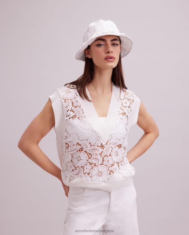 Anne Fontaine vrouwen ombelle vest mouwloos ongevoerd vest met gebloemd kant en geribde gebreide boorden kleding wit 06TRT295