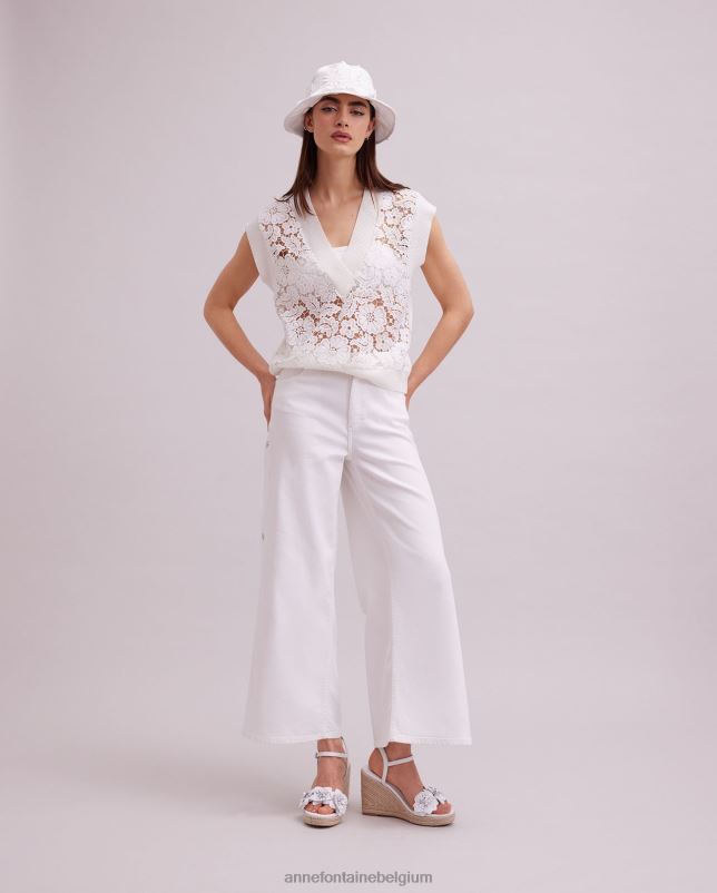 Anne Fontaine vrouwen ombelle vest mouwloos ongevoerd vest met gebloemd kant en geribde gebreide boorden kleding wit 06TRT295