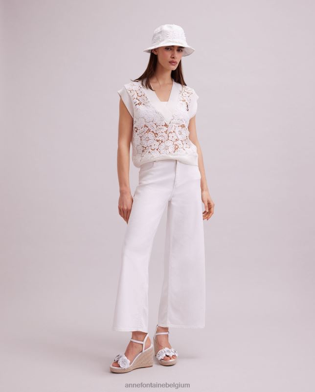 Anne Fontaine vrouwen ombelle vest mouwloos ongevoerd vest met gebloemd kant en geribde gebreide boorden kleding wit 06TRT295