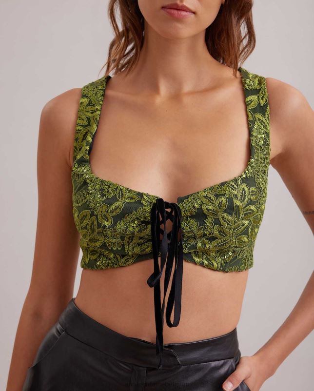 Anne Fontaine vrouwen passion top geborduurde corset top met pailletten en fluwelen lint kleding zwart groen 06TRT284